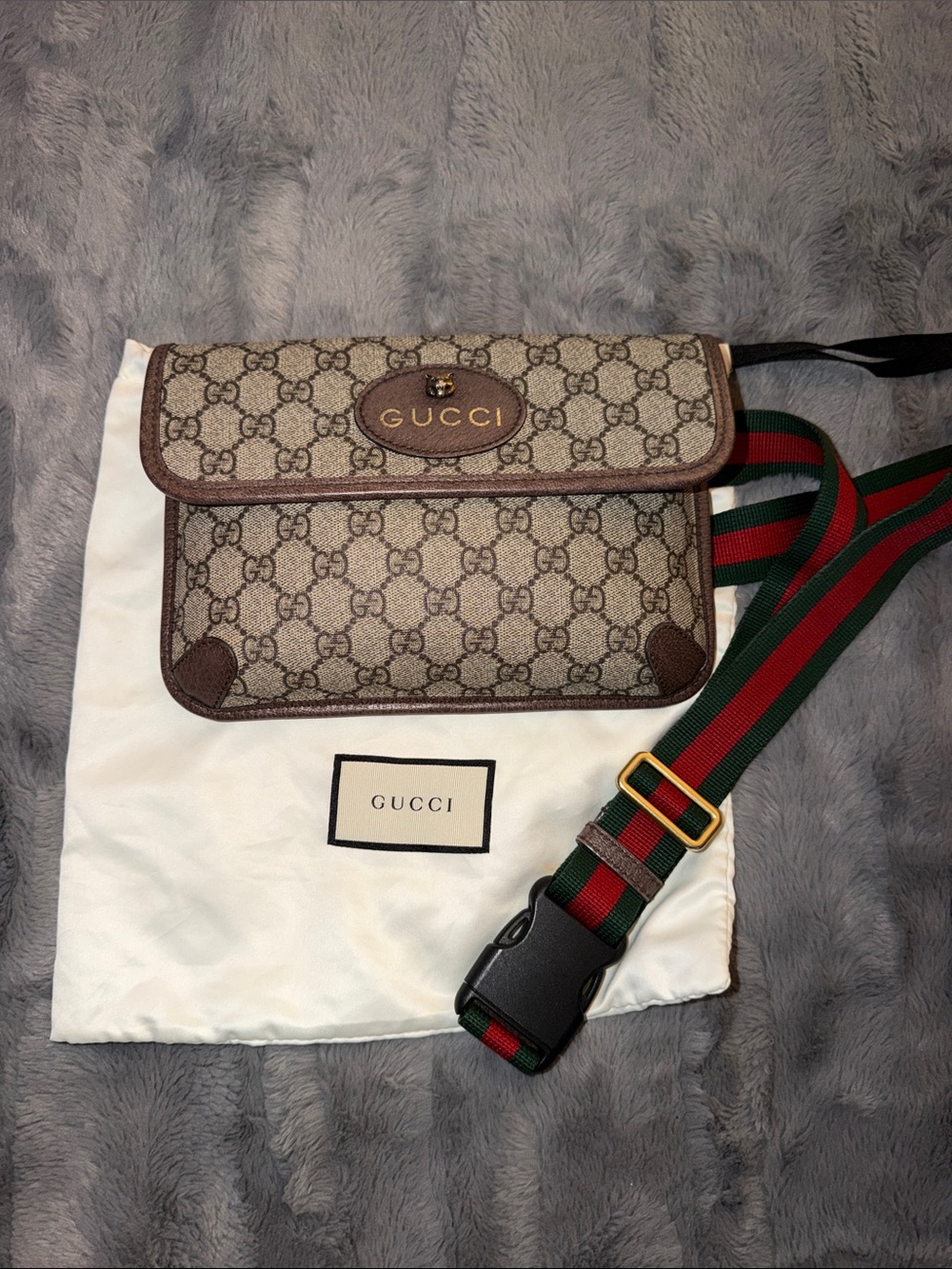 Preloved Gucci Brown GG Canvas Belt Bag with Green-Red Web Strap with Dust bag
